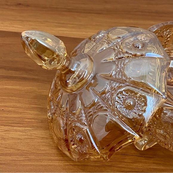 Iridescent Gold Crystal Carnival Glass Footed Flower Relief Lidded Candy Dish - Picture 10 of 12